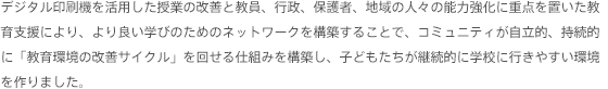 デジタル印刷機を活用した授業の改善と教員、行政、保護者、地域の人々の能力強化に重点を置いた教育支援により、より良い学びのためのネットワークを構築することで、コミュニティが自立的、持続的に「教育環境の改善サイクル」を回せる仕組みを構築し、子どもたちが継続的に学校に行きやすい環境を作りました。
