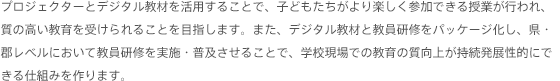 プロジェクターとデジタル教材を活用することで、子どもたちがより楽しく参加できる授業が行われ、質の高い教育を受けられることを目指します。また、デジタル教材と教員研修をパッケージ化し、県・郡レベルにおいて教員研修を実施・普及させることで、学校現場での教育の質向上が持続発展性的にできる仕組みを作ります。