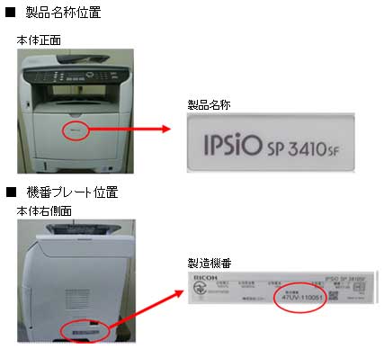 機種名称位置および機番プレート位置