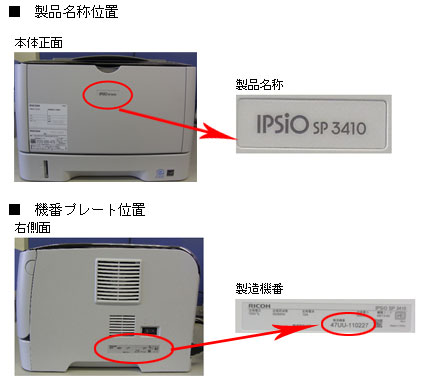 機種名称位置および機番プレート位置