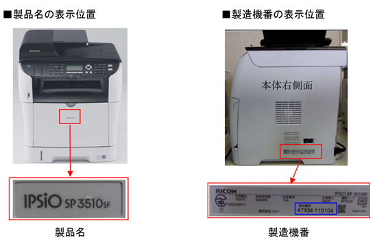 機種名称位置および機番プレート位置
