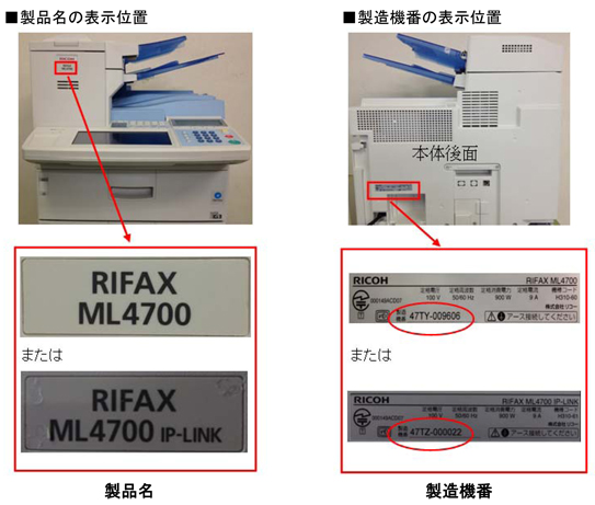 機種名称位置および機番プレート位置